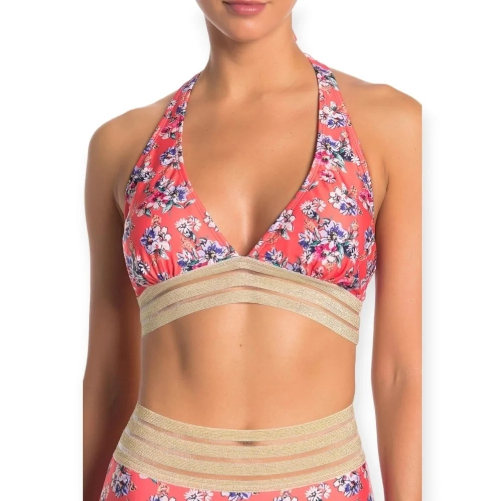 Nicole Miller Coral Pink Floral Halter Bikini Top with Mesh Metallic Band Large